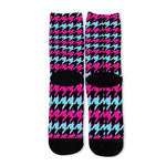 Pink Blue And Black Houndstooth Print Long Socks