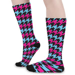 Pink Blue And Black Houndstooth Print Long Socks