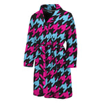 Pink Blue And Black Houndstooth Print Men's Bathrobe