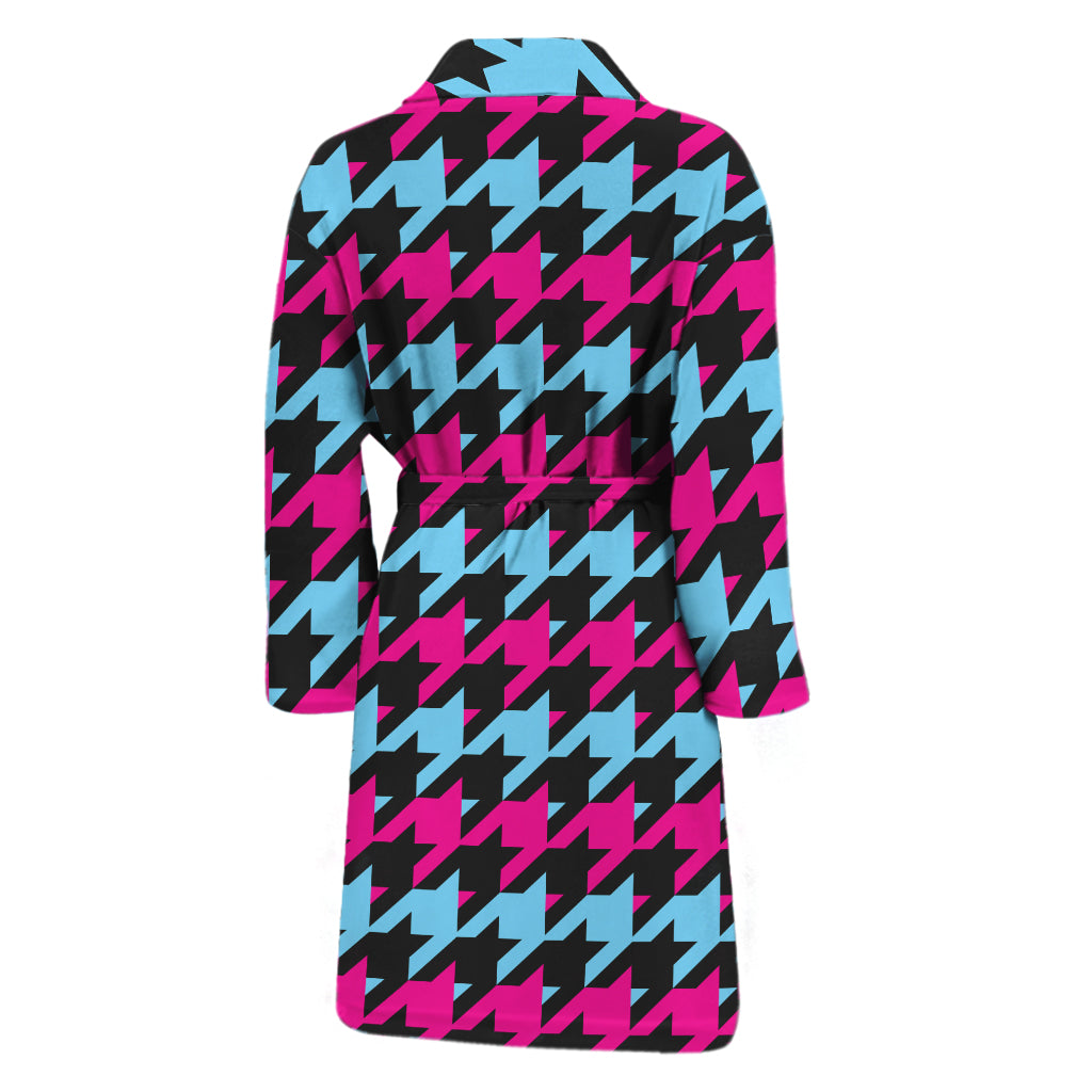 Pink Blue And Black Houndstooth Print Men's Bathrobe
