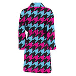Pink Blue And Black Houndstooth Print Men's Bathrobe