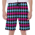 Pink Blue And Black Houndstooth Print Men's Beach Shorts