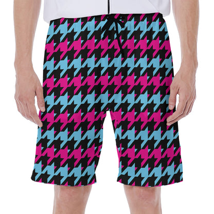 Pink Blue And Black Houndstooth Print Men's Beach Shorts