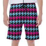 Pink Blue And Black Houndstooth Print Men's Beach Shorts