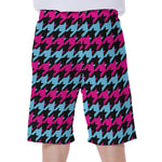 Pink Blue And Black Houndstooth Print Men's Beach Shorts