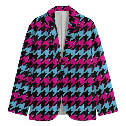 Pink Blue And Black Houndstooth Print Men's Blazer