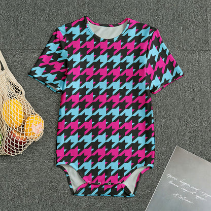 Pink Blue And Black Houndstooth Print Men's Bodysuit