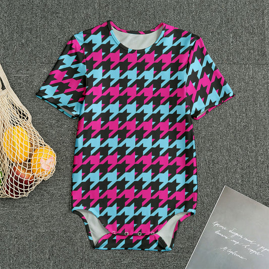 Pink Blue And Black Houndstooth Print Men's Bodysuit