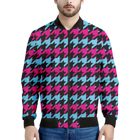 Pink Blue And Black Houndstooth Print Men's Bomber Jacket