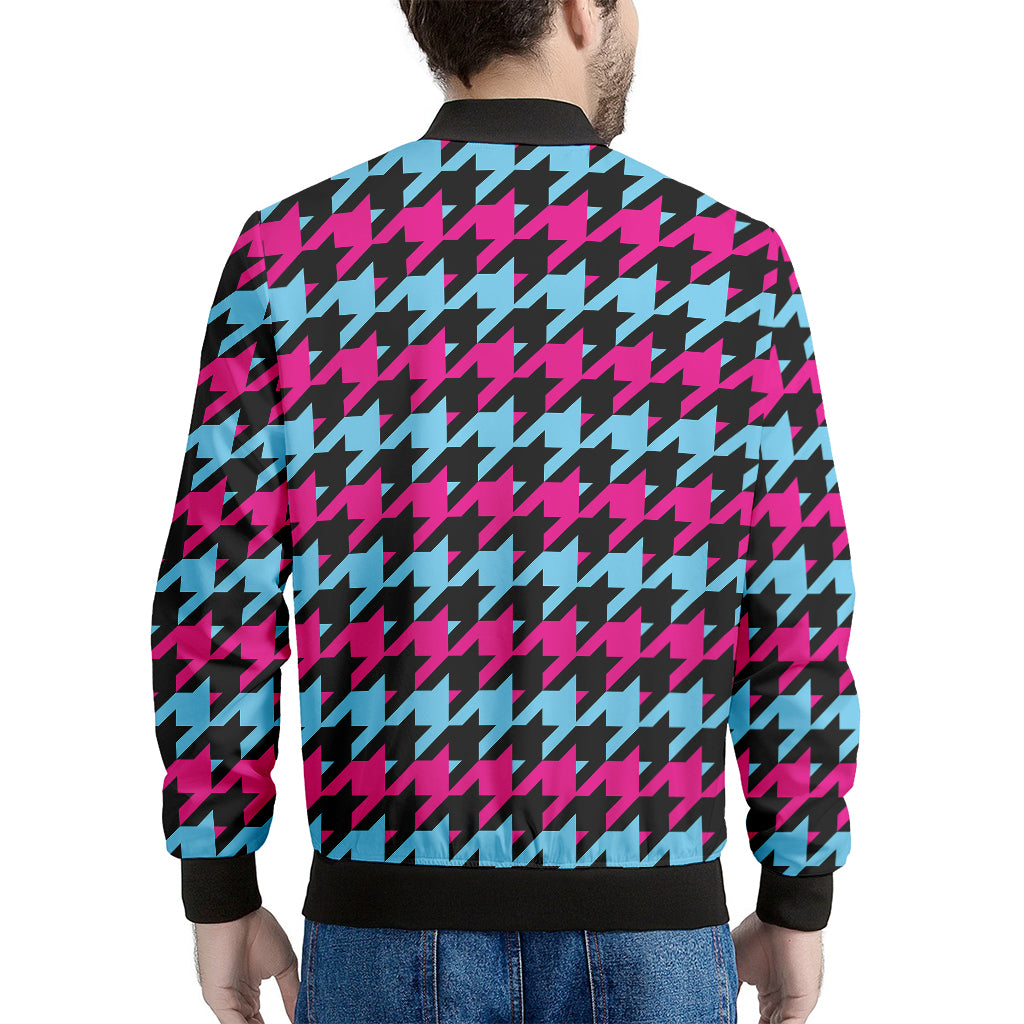 Pink Blue And Black Houndstooth Print Men's Bomber Jacket