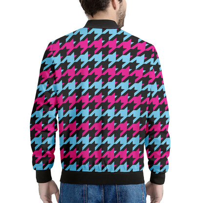 Pink Blue And Black Houndstooth Print Men's Bomber Jacket