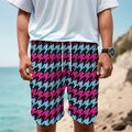 Pink Blue And Black Houndstooth Print Men's Cargo Shorts