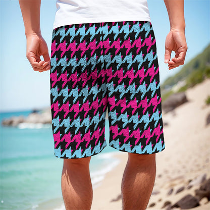 Pink Blue And Black Houndstooth Print Men's Cargo Shorts