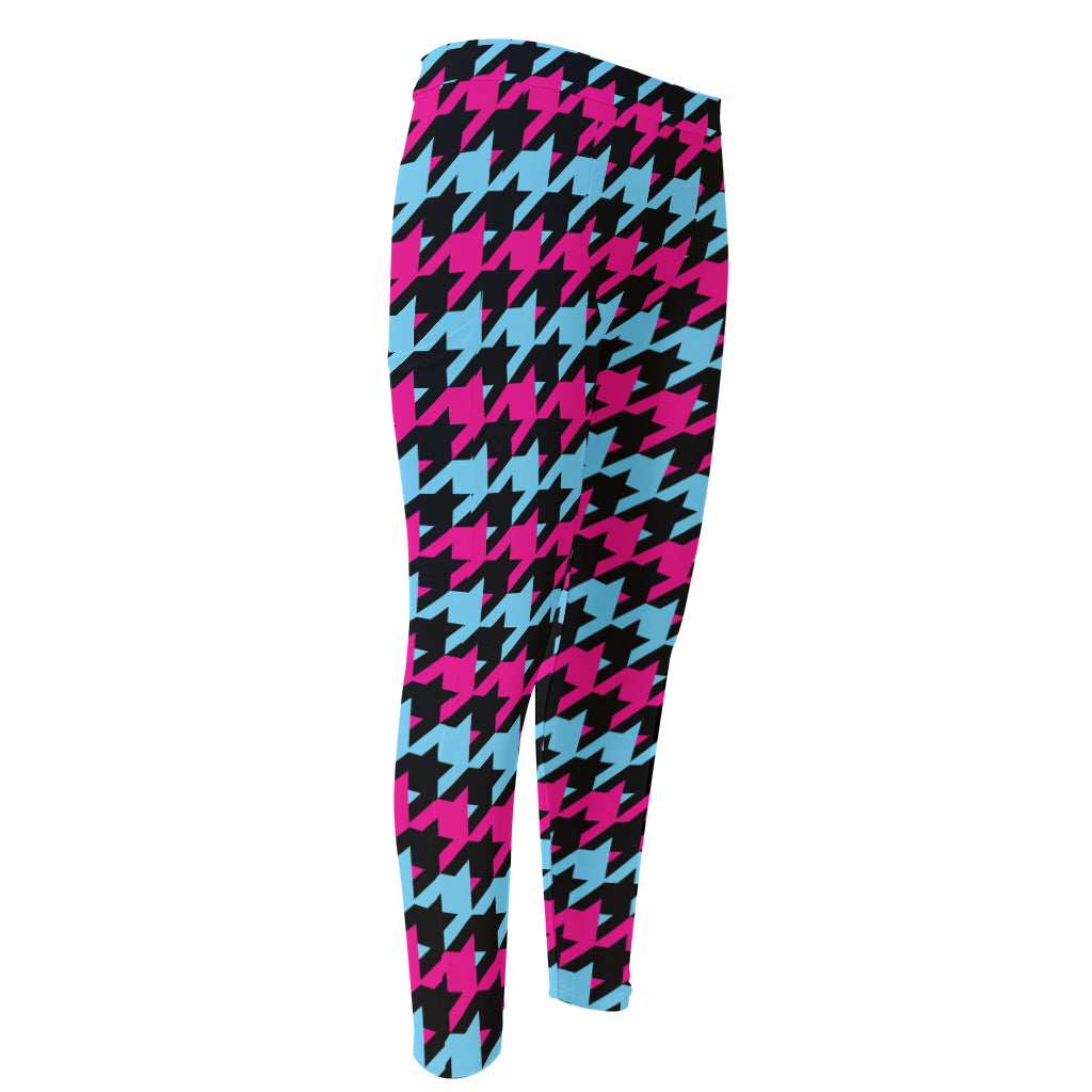 Pink Blue And Black Houndstooth Print Men's Compression Pants
