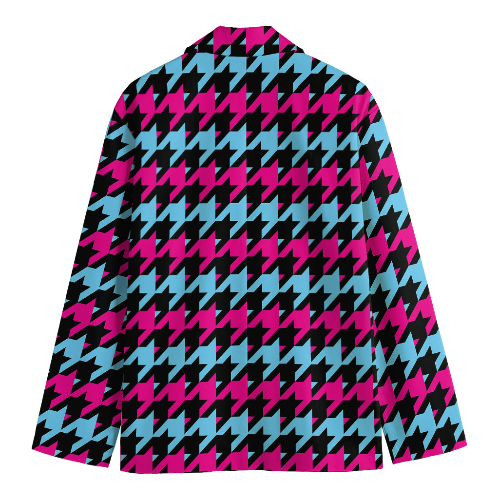 Pink Blue And Black Houndstooth Print Men's Cotton Blazer