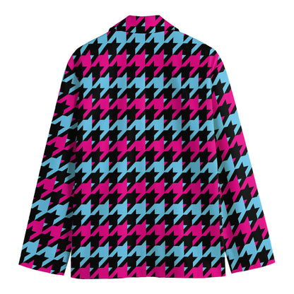 Pink Blue And Black Houndstooth Print Men's Cotton Blazer
