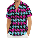 Pink Blue And Black Houndstooth Print Men's Deep V-Neck Shirt
