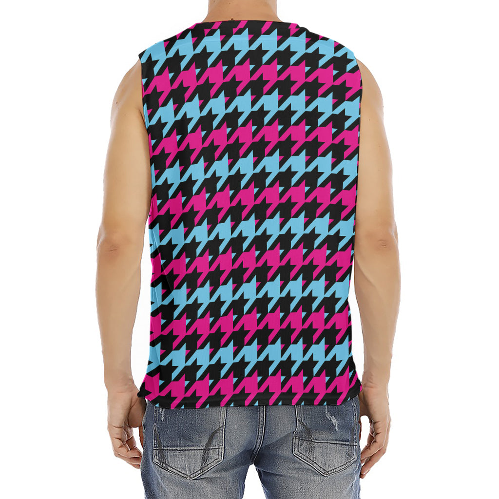 Pink Blue And Black Houndstooth Print Men's Fitness Tank Top