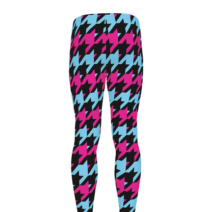 Pink Blue And Black Houndstooth Print Men's leggings