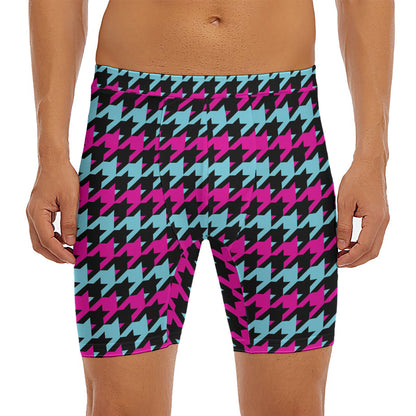 Pink Blue And Black Houndstooth Print Men's Long Boxer Briefs