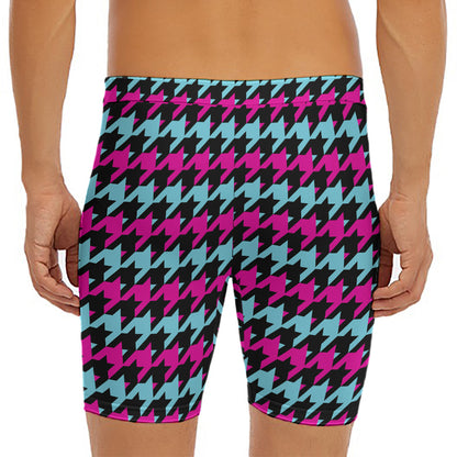 Pink Blue And Black Houndstooth Print Men's Long Boxer Briefs