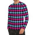Pink Blue And Black Houndstooth Print Men's Long Sleeve Rash Guard