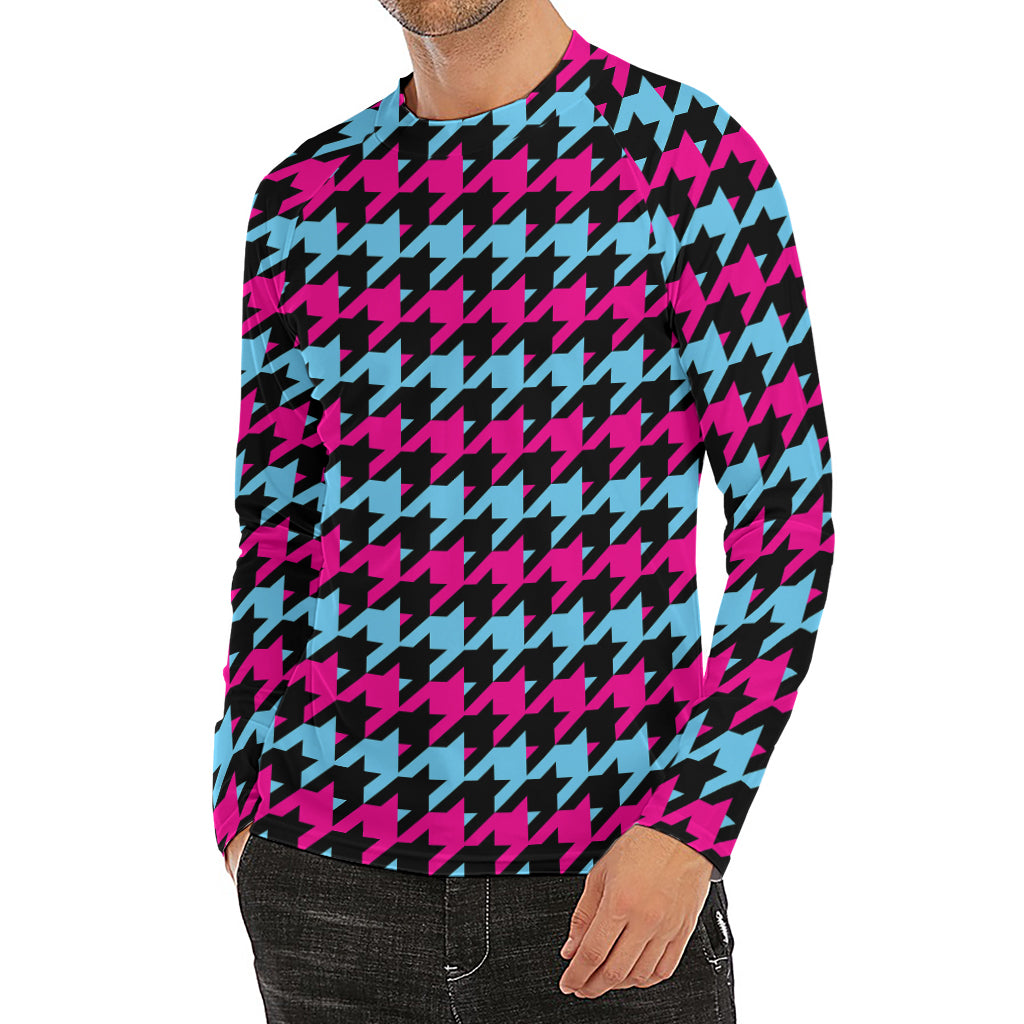 Pink Blue And Black Houndstooth Print Men's Long Sleeve Rash Guard