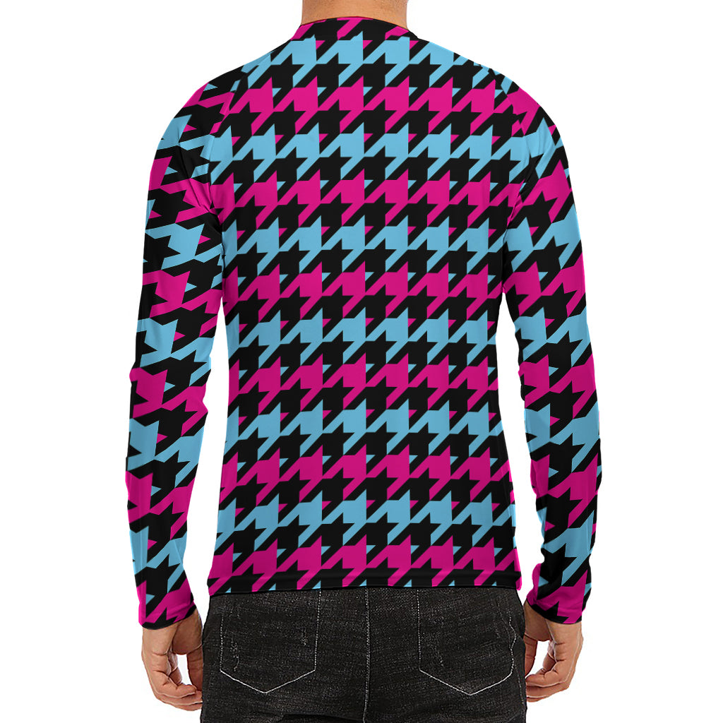 Pink Blue And Black Houndstooth Print Men's Long Sleeve Rash Guard