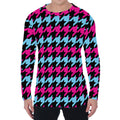 Pink Blue And Black Houndstooth Print Men's Long Sleeve T-Shirt