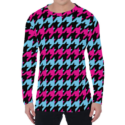 Pink Blue And Black Houndstooth Print Men's Long Sleeve T-Shirt