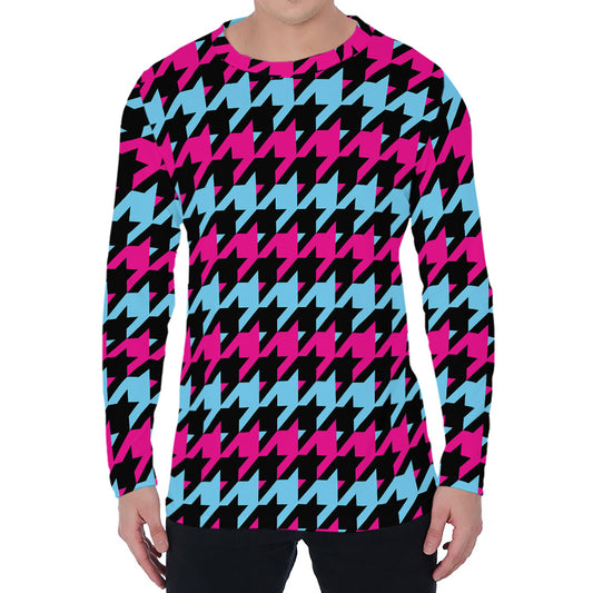 Pink Blue And Black Houndstooth Print Men's Long Sleeve T-Shirt