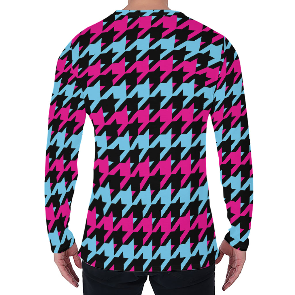Pink Blue And Black Houndstooth Print Men's Long Sleeve T-Shirt
