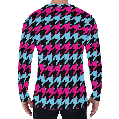 Pink Blue And Black Houndstooth Print Men's Long Sleeve T-Shirt