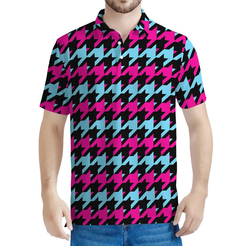 Pink Blue And Black Houndstooth Print Men's Polo Shirt