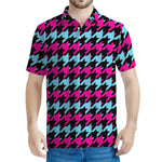 Pink Blue And Black Houndstooth Print Men's Polo Shirt