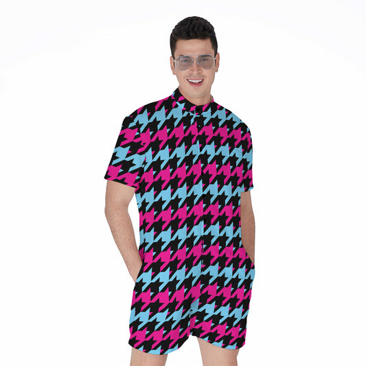 Pink Blue And Black Houndstooth Print Men's Rompers
