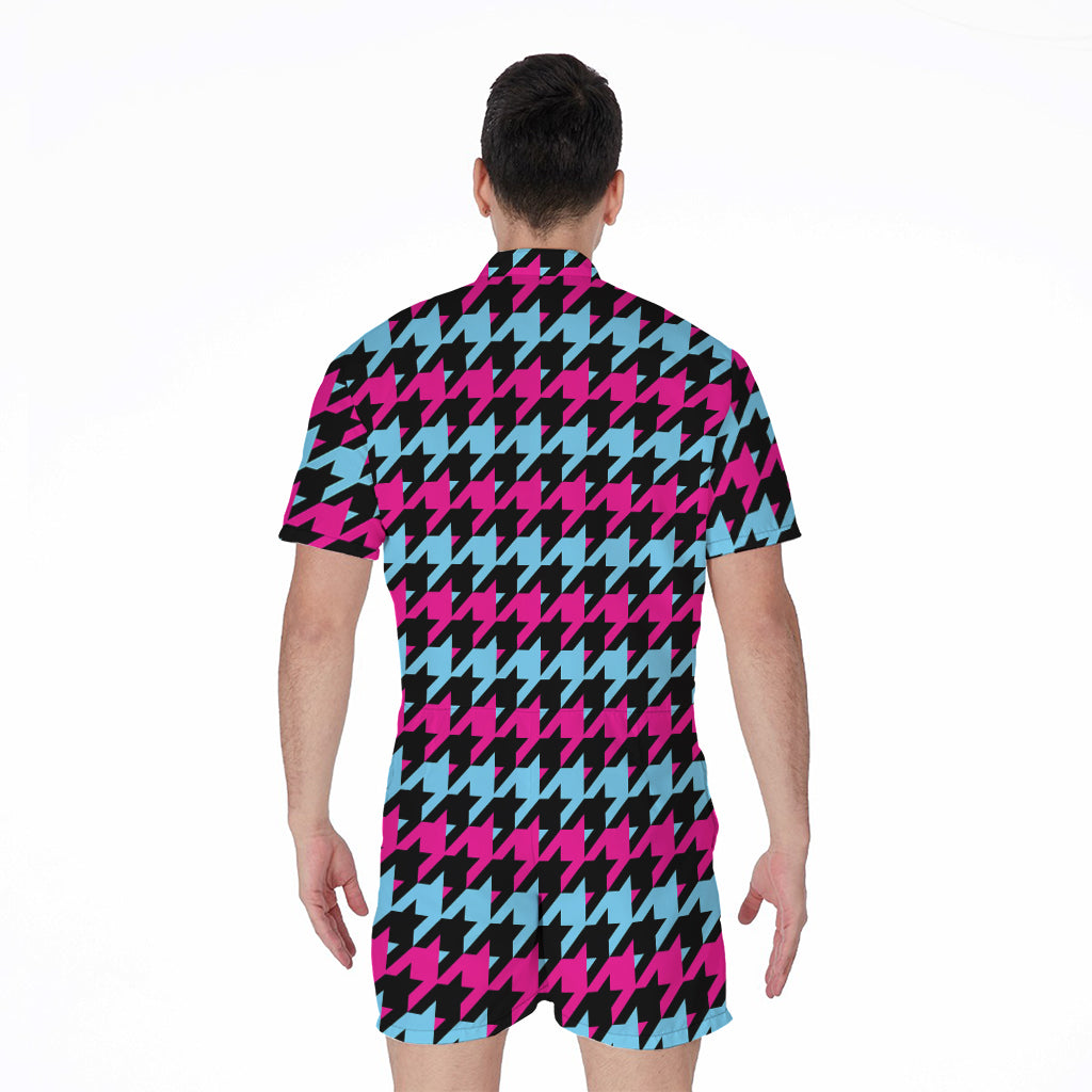 Pink Blue And Black Houndstooth Print Men's Rompers