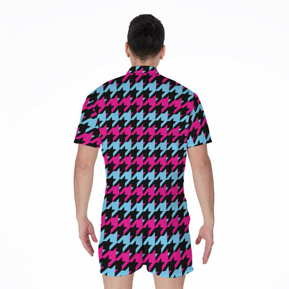 Pink Blue And Black Houndstooth Print Men's Rompers