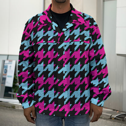 Pink Blue And Black Houndstooth Print Men's Shirt Jacket