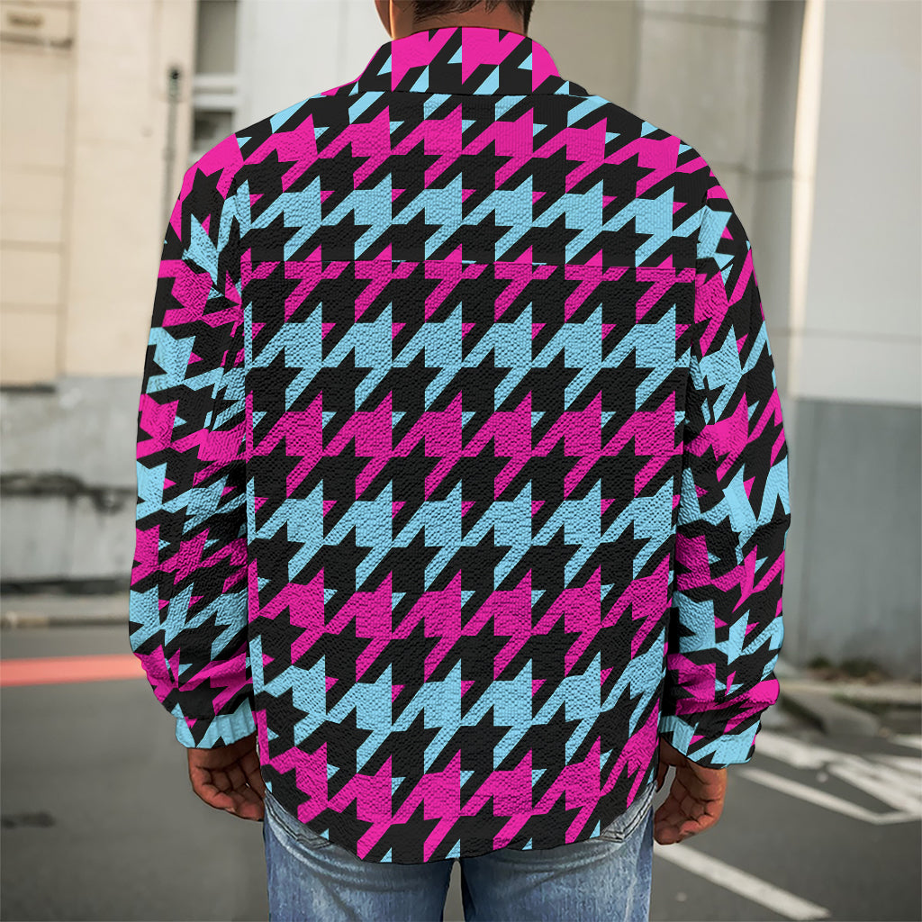 Pink Blue And Black Houndstooth Print Men's Shirt Jacket