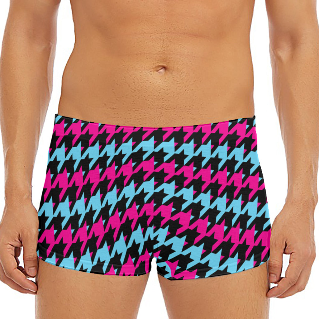 Pink Blue And Black Houndstooth Print Men's Short Boxer Briefs