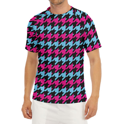 Pink Blue And Black Houndstooth Print Men's Short Sleeve Rash Guard