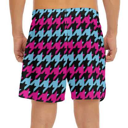 Pink Blue And Black Houndstooth Print Men's Split Running Shorts
