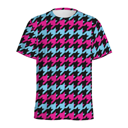Pink Blue And Black Houndstooth Print Men's Sports T-Shirt