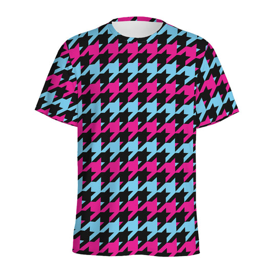 Pink Blue And Black Houndstooth Print Men's Sports T-Shirt