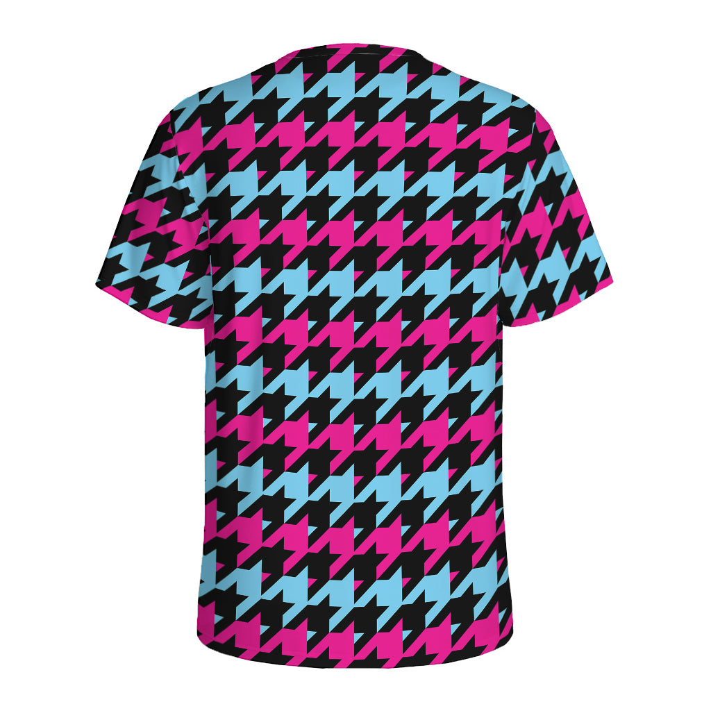 Pink Blue And Black Houndstooth Print Men's Sports T-Shirt