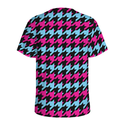 Pink Blue And Black Houndstooth Print Men's Sports T-Shirt