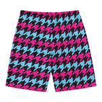Pink Blue And Black Houndstooth Print Men's Swim Trunks