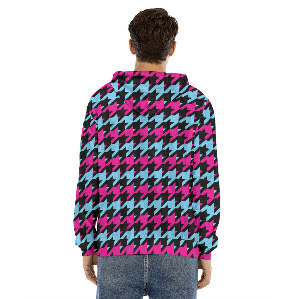 Pink Blue And Black Houndstooth Print Men's Velvet Pullover Hoodie
