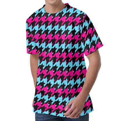 Pink Blue And Black Houndstooth Print Men's Velvet T-Shirt